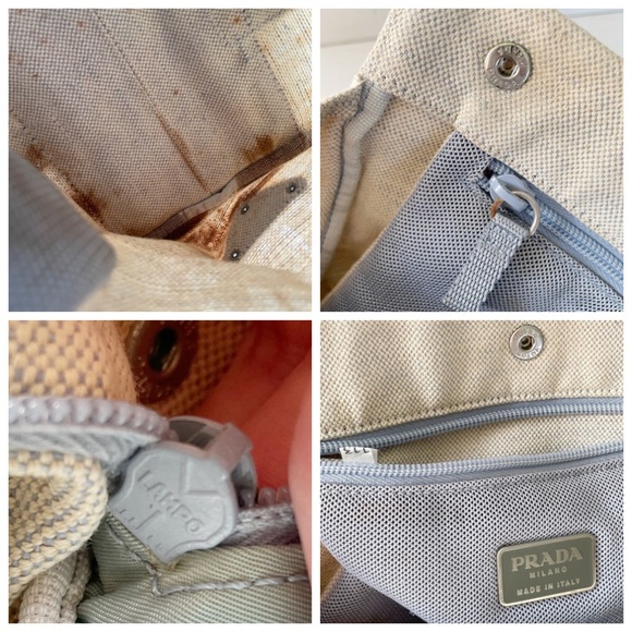 Prada natural canvas blue leather trim snap button tote bag - Picture 8 of 11